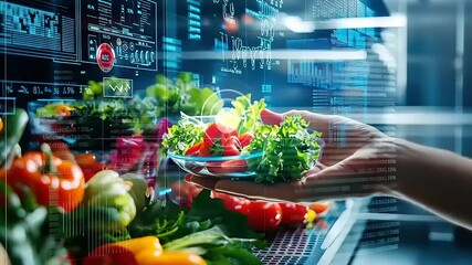 Futuristic Food Technology: A Hand Holds a Bowl of Fresh Salad Against a Background of Vibrant Vegetables and a Futuristic Interface. - Powered by Adobe