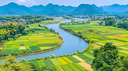 Lush Green Mountain Landscape with River and Fields in Bright Colors