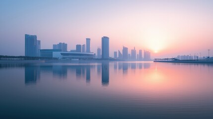 Obraz premium the city skyline and a lake at sunset, Abu Dhabi, UAE 