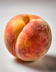Fototapeta premium 真っ白な背景に単体で配置された、毛羽立った皮が特徴の完熟桃