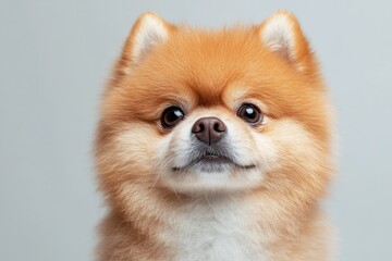 Obraz premium Fluffy Pomeranian dog portrait, studio shot, grey background, pet website