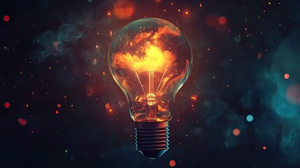 Illuminated Lightbulb with Fiery Interior and Smoke Spark Background Concept