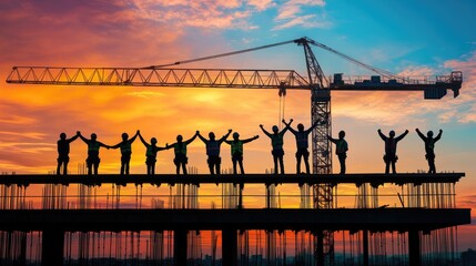 Construction Workers Celebrate at Sunset