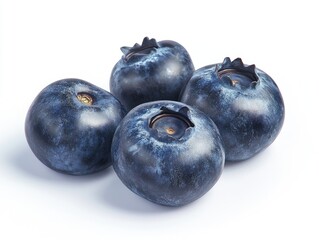 Obraz premium Fresh blueberries, close-up, isolated on white. Four plump, dark-blue berries