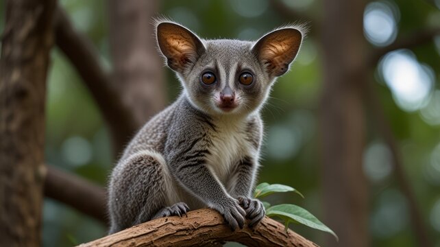 A small bushbaby sits on a branch, staring directly at the viewer with its big eyes