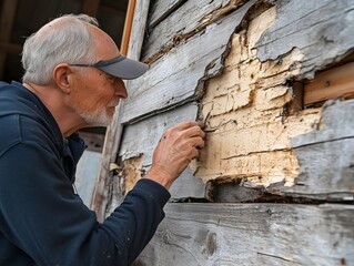 Fototapeta premium Cracked wooden walls with termite damage requiring urgent repair and pest control