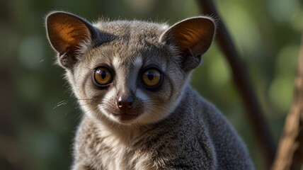 A gray-brown bushbaby gazes with big eyes. Ears are perked. It is a mammal in a forest