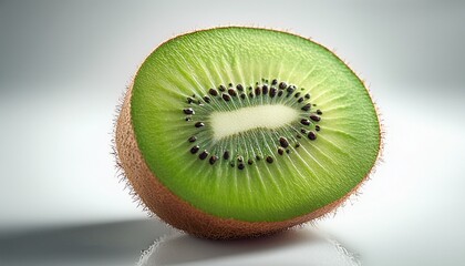  真っ白な背景に置かれた、鮮やかな緑の中身が見える半分にカットされたキウイ