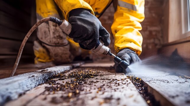 Professional pest control worker spraying chemicals on termite-infested wood