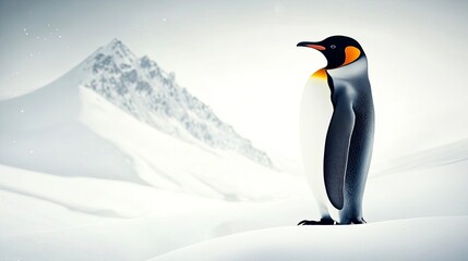 Fototapeta premium Emperor Penguin Standing on Snow with Mountain Backdrop in Antarctica