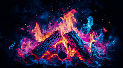 Fototapeta premium Mystical Fire Pit: Spectral Flames Dance around Charred Wood, Captivating Inferno