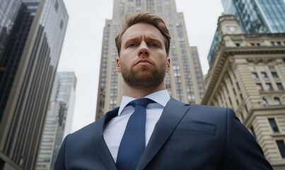 Fototapeta premium Confident man in business suit standing outdoors in urban setting with modern skyscrapers and traditional architecture in backdrop, demonstrating success and ambition