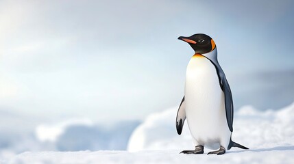 Naklejka premium Lone King Penguin Standing on Snow in Antarctica Looking Away