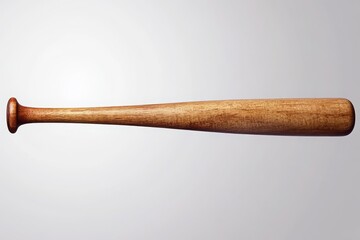 A wooden baseball bat lying horizontally on a light gray background in a studio setting