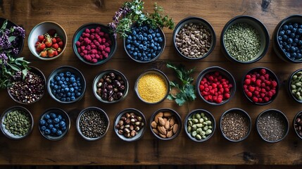 Fototapeta premium Healthy Superfood Bowls Arranged on Rustic Wooden Table, Top-Down View