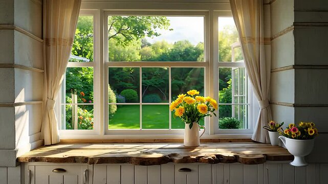 Bright country kitchen window view with sunflowers on rustic wooden sill overlooking lush green garden in morning light

