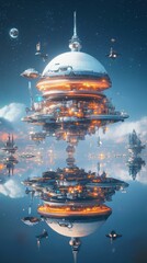 Fototapeta premium An illuminated futuristic space station rises high into the skies