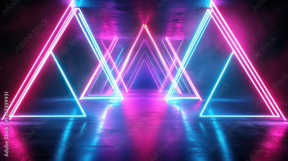 Wall mural neon colored triangular light installations creating a futuristic perspective tunnel
