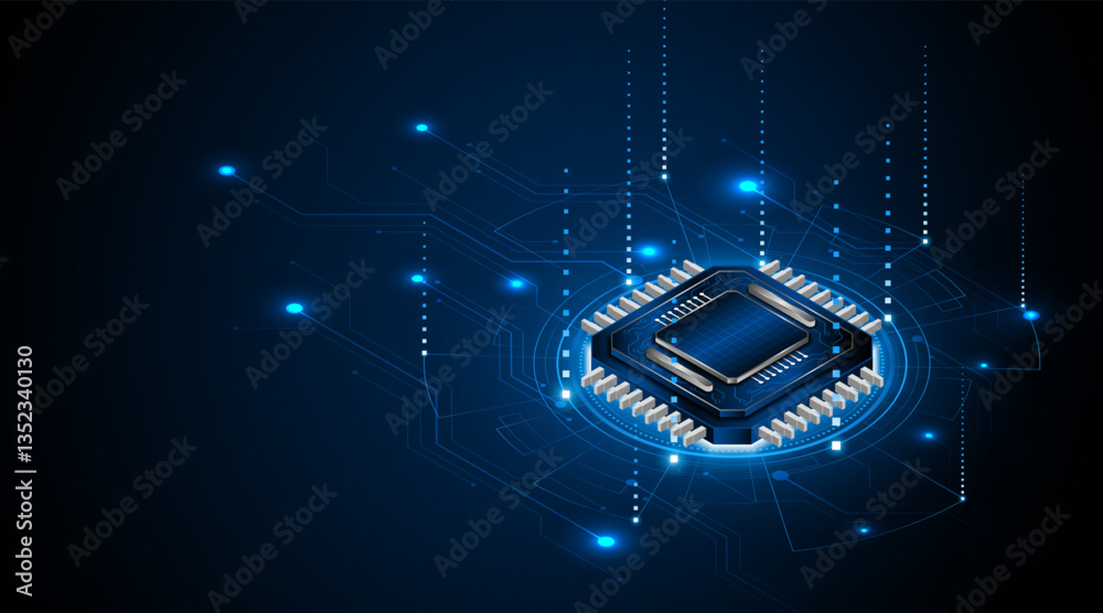 Poster Microchip processor circuit board technology on dark blue background. Information Processing Concept. Circuit board hi-tech technology background. vector illustration	