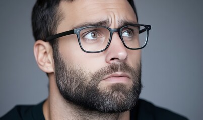 Fototapeta premium Thoughtful man with glasses looking up, expressing curiosity and introspection against a neutral background in a modern portrait style