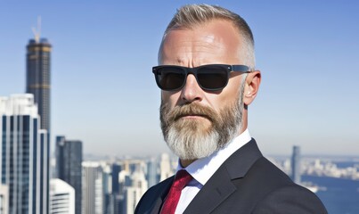 Confident Businessman with Beard and Sunglasses in Urban Cityscape, Modern Skyline and Clear Blue Sky in Background, Professional Seaport Environment