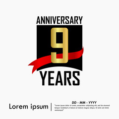 9th years anniversary celebration emblem. elegant golden anniversary logo isolated with red ribbon on white background. vector illustration template design for web, flyers, poster, greeting card	
