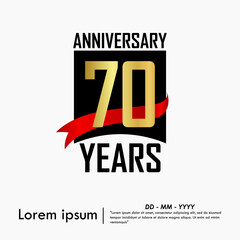 70th years anniversary celebration emblem. elegant golden anniversary logo isolated with red ribbon on white background. vector illustration template design for web, flyers, poster, greeting card	
