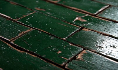 Close-Up of Textured Green Wooden Planks with Worn Finish, Evoking Rustic Charm and Vintage Aesthetic for Interior Design or Craft Projects