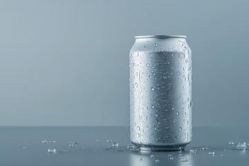 A metallic aluminum beverage container with water droplets present