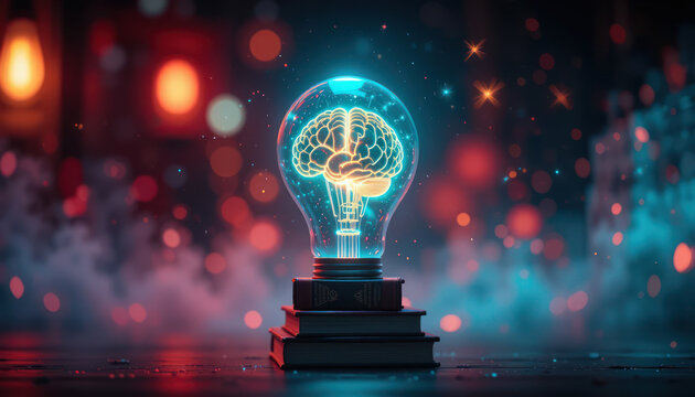 Glowing light bulb, neon brain inside, fiery energy, stack of books