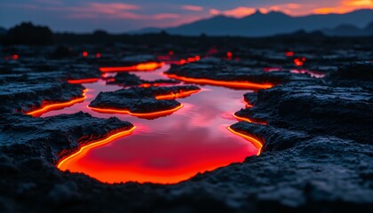 A desolate, crimson-hued volcanic landscape with molten glass flowing across blackened stone, reflecting vibrant orange hues beneath a smoldering sky.