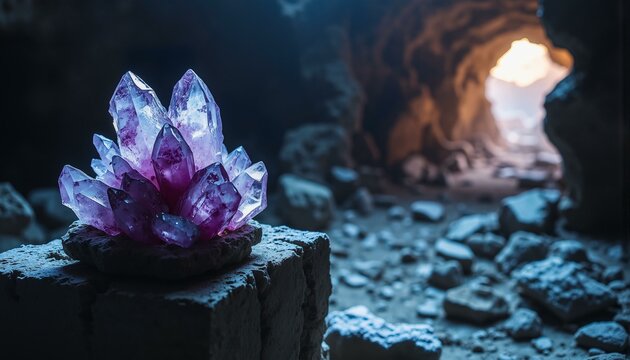 Amethyst crystals, jagged facets, icy light, kaleidoscope, glints, weathered stone pedestal, dusty, moonlit chamber, ancient, abandoned mine, rocky walls, dimly lit, mysterious atmosphere, natural bea
