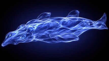 An artistic blue ethereal representation of a swimming dolphin creature