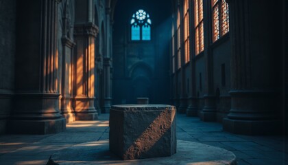 A weathered iron mesh lattice adorns a worn, dark grey stone pedestal in a Gothic cathedral.