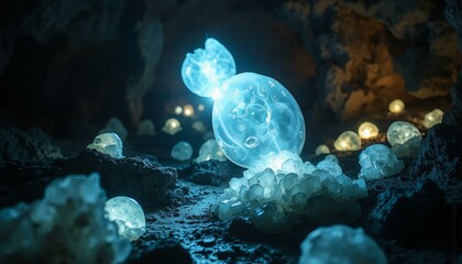 Soft ethereal light casts intricate shadows on crystalline formations amidst weathered rocks.