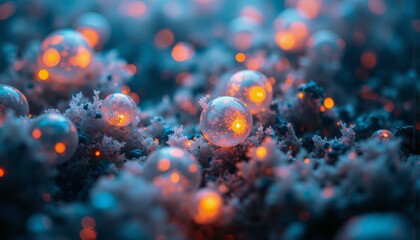 Iridescent bubbles, translucent resin, soft glow, dark inky shadows, delicate wispy tendrils, crystallized matter, intricate network