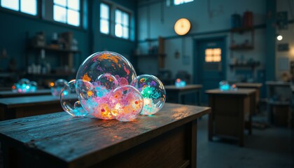 Fototapeta premium A dimly lit laboratory scene features worn wooden workbenches with intricate shadows cast by soft luminescence emanating from within a thick, translucent resinous matrix containing vibrant, iridescent