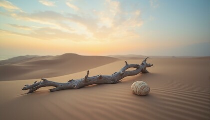 Softly undulating sandy dunes, weathered driftwood, fossilized shells, misty horizon, opalescent sky, golden sunrise, pale blue hues, tranquil landscape