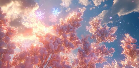 Fototapeta premium Beautiful pink trees covered with snow with bright blue skies