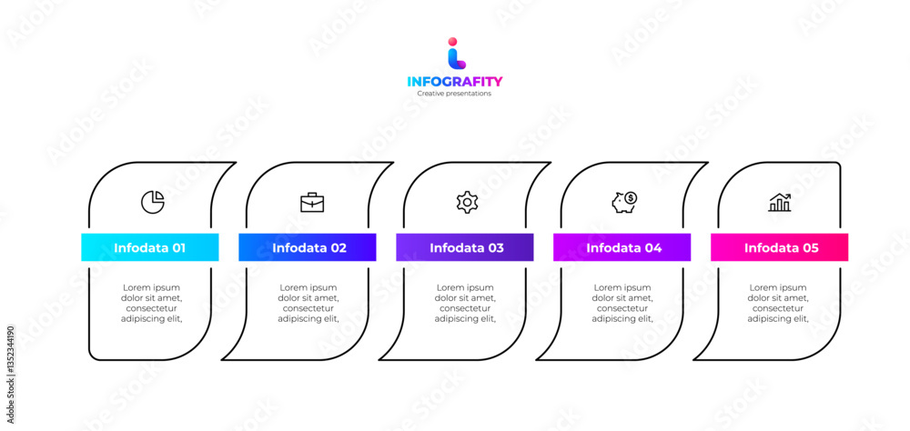 Poster Creative and vibrant infographic layout showcasing five sequential steps, ideal for use in business presentations, workflows, and data visualizations with icons and text