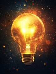 Glowing Light Bulb on Dark Backdrop Symbolizing an Idea or Innovation