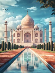 Visiting Taj Mahal Landmark with Water Reflection and Birds Flying