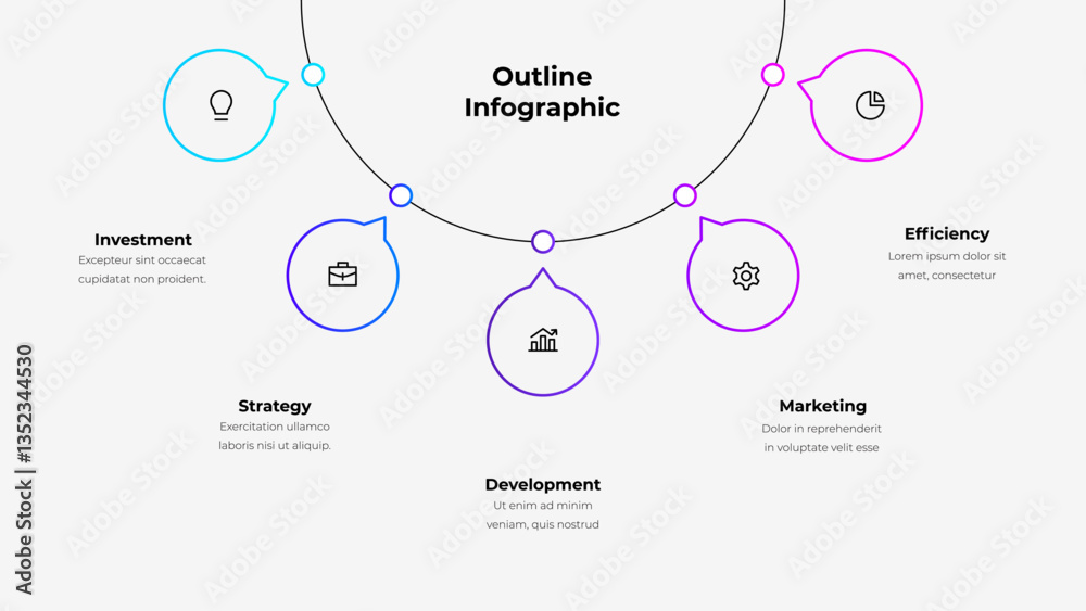Poster Outline infographic design showcasing various business related concepts including strategy, efficiency, marketing, and development with labeled circular icons and concise explanatory text