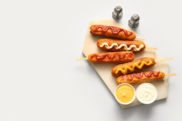 Board with tasty corn dogs and bowls of sauces on grey background