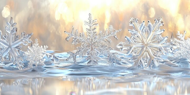 Sparkling snowflakes adorn a frosty landscape with a soft blurry background
