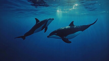 Obraz premium Two dolphins swimming gracefully in the deep blue ocean with sunlight rays