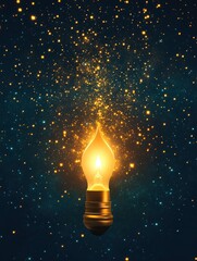 Illuminated Light Bulb with Sparkling Particles Against a Starry Night