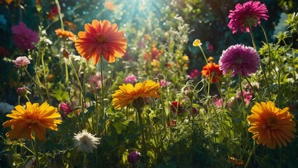 Colorful garden flowers with weeds in sunlight