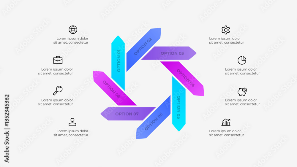 Fototapete Arrows infographic featuring a circular arrangement of 8 sections labeled with options and icons illustrating various concepts. Ideal for business presentations