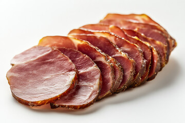 Sliced ham on white background, with delicate marbling, ready for an elegant charcuterie board display.